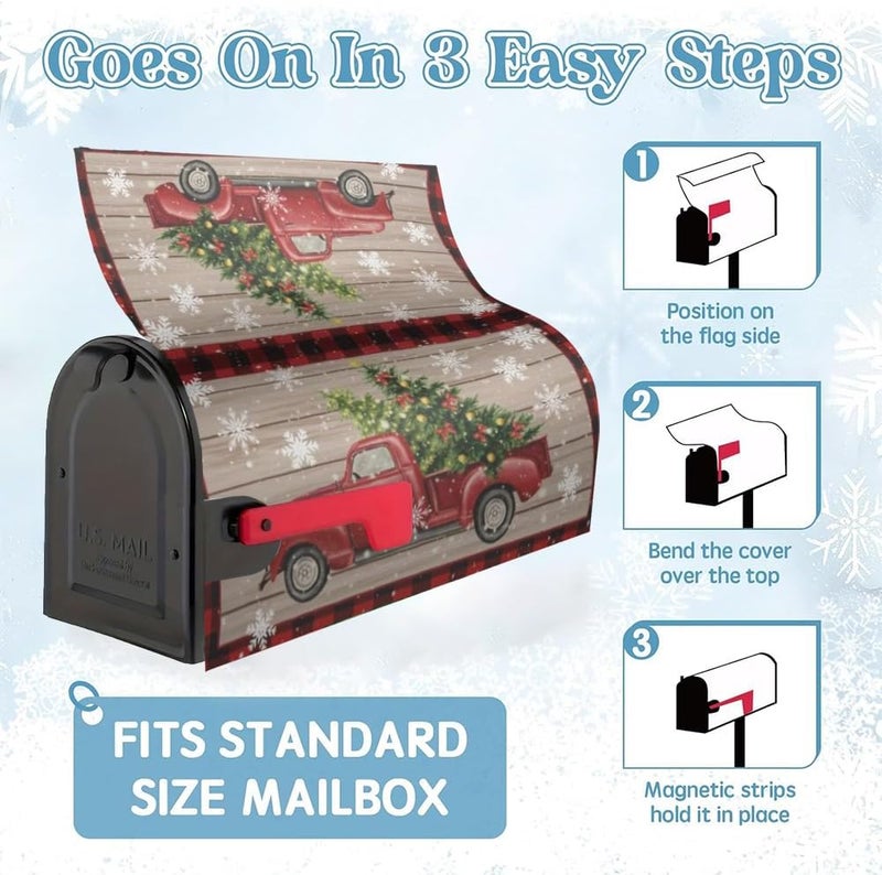 VBXNT Store Winter Christmas Red Truck Theme Mailbox Cover, Magnetic Waterproof Mailbox Wrap 18x21 Inch Standard Size, Snow Oxford Cloth Mailbox Decoration for Christmas, Thanksgiving, Winter Outdoor Garden - Image 4